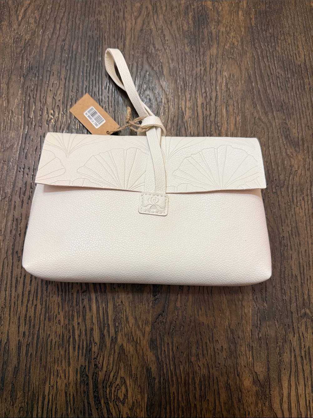 Sisley Cream Wristlet Clutch with Fan-Embossed Flap